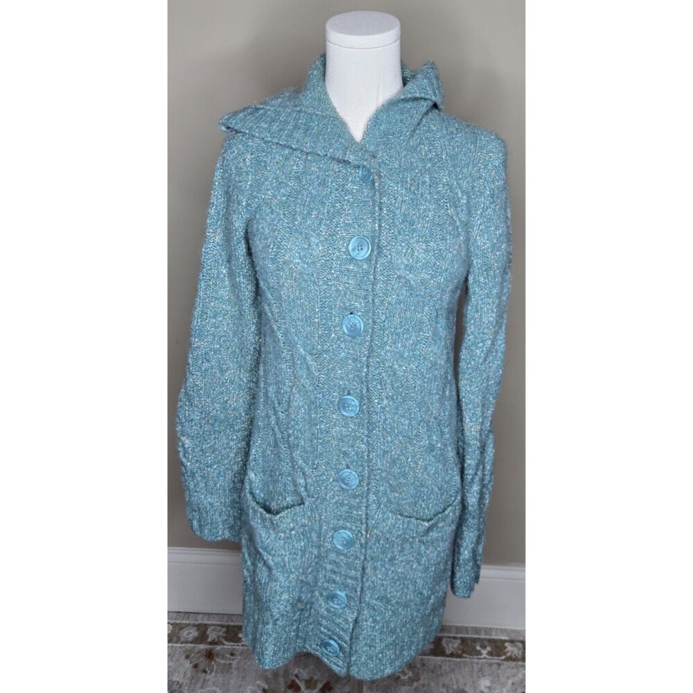 LL Bean XS Hooded Cable Knit Long Cardigan Blue Wool Blend Coastal Cottagecore
